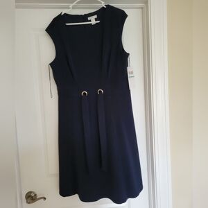 NWT London Times Tie Waist Navy Sleeveless Zip Back Dress - Size 16